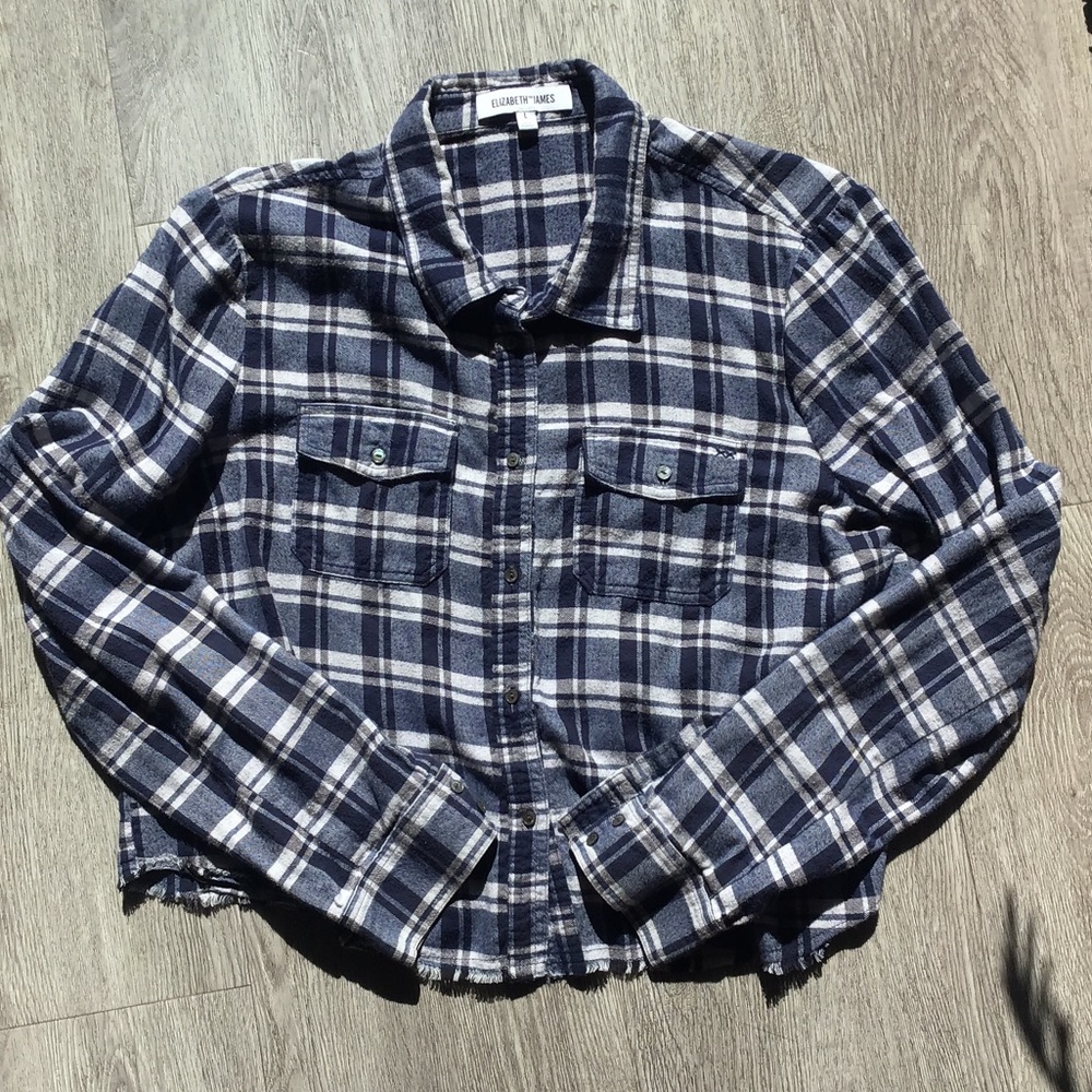 Elizabeth and James Navy and White Plaid Button Down Shirt